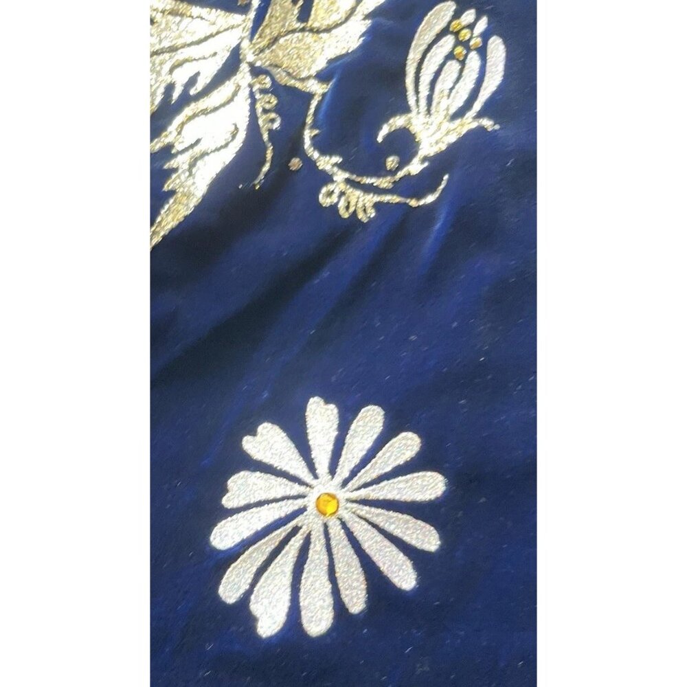 Vintage Cheongsam Long Dress Sz S Blue Velvet Asian Mandarin White Daisy Sparkle - Picture 13 of 13